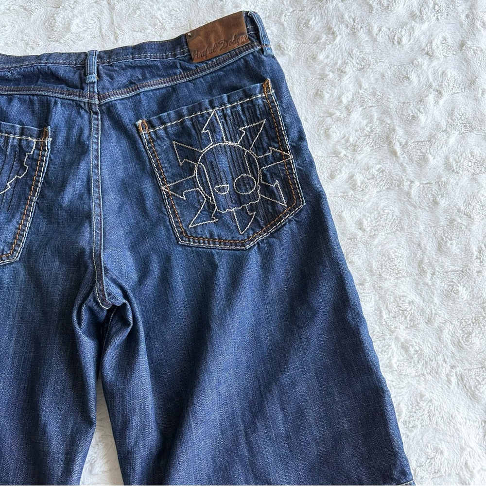 Artful Dodger Denim Shorts Jorts Mens 38 Blue Skull Embroidered Baggy Loose Y2K - Picture 3 of 13